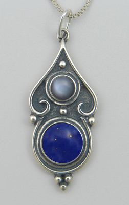 Sterling Silver Romantic Necklace in Lapis Lazuli And Grey Moonstone